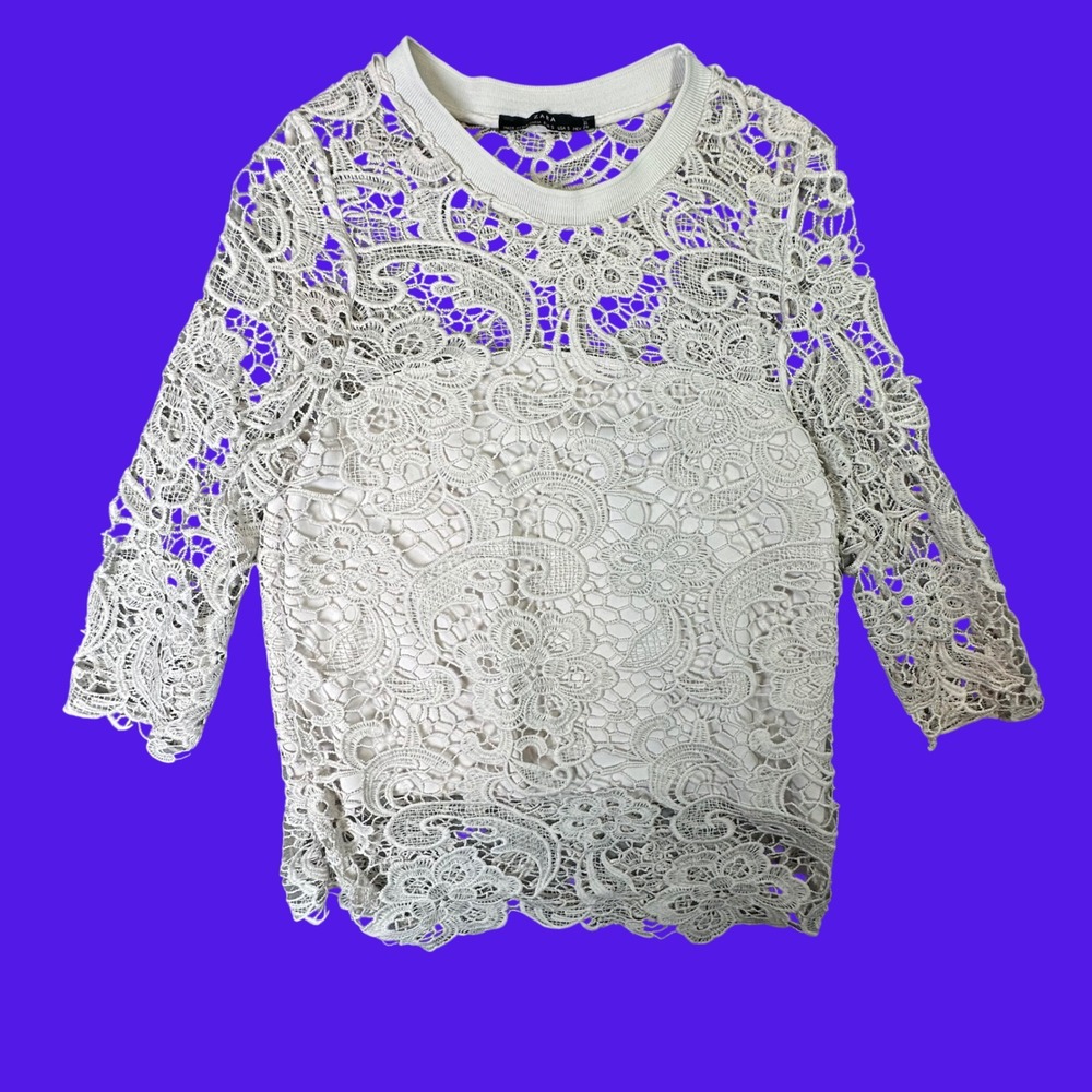 Zara Guipure Lace Top Cream Floral Paisley Coquette Romantic Size S Off-White